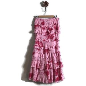 Anthropologie FEI Floral Red Pink Motif Tiered Ruffle Maxi Skirt Size 4